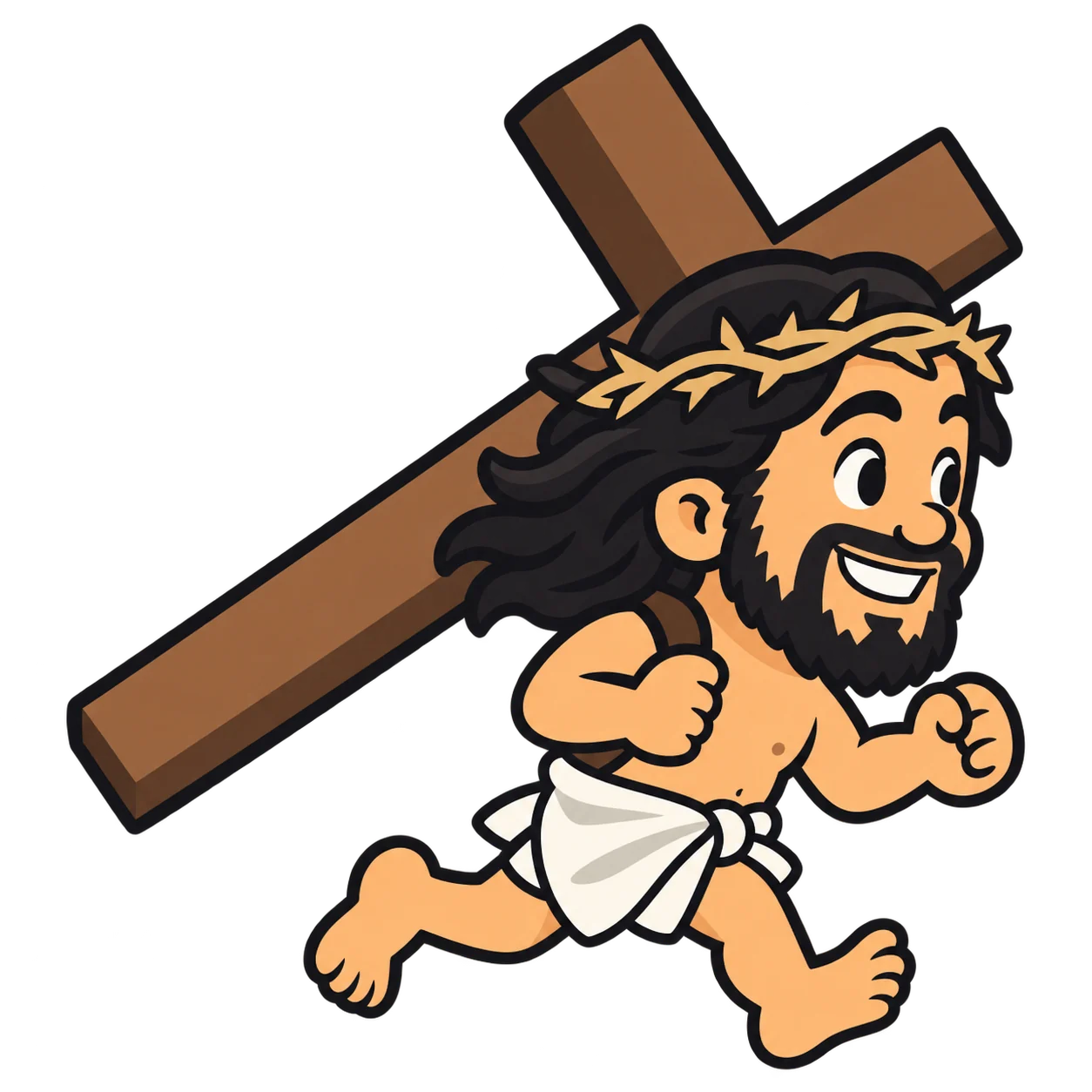 A smiling barefoot runner carrying a cross